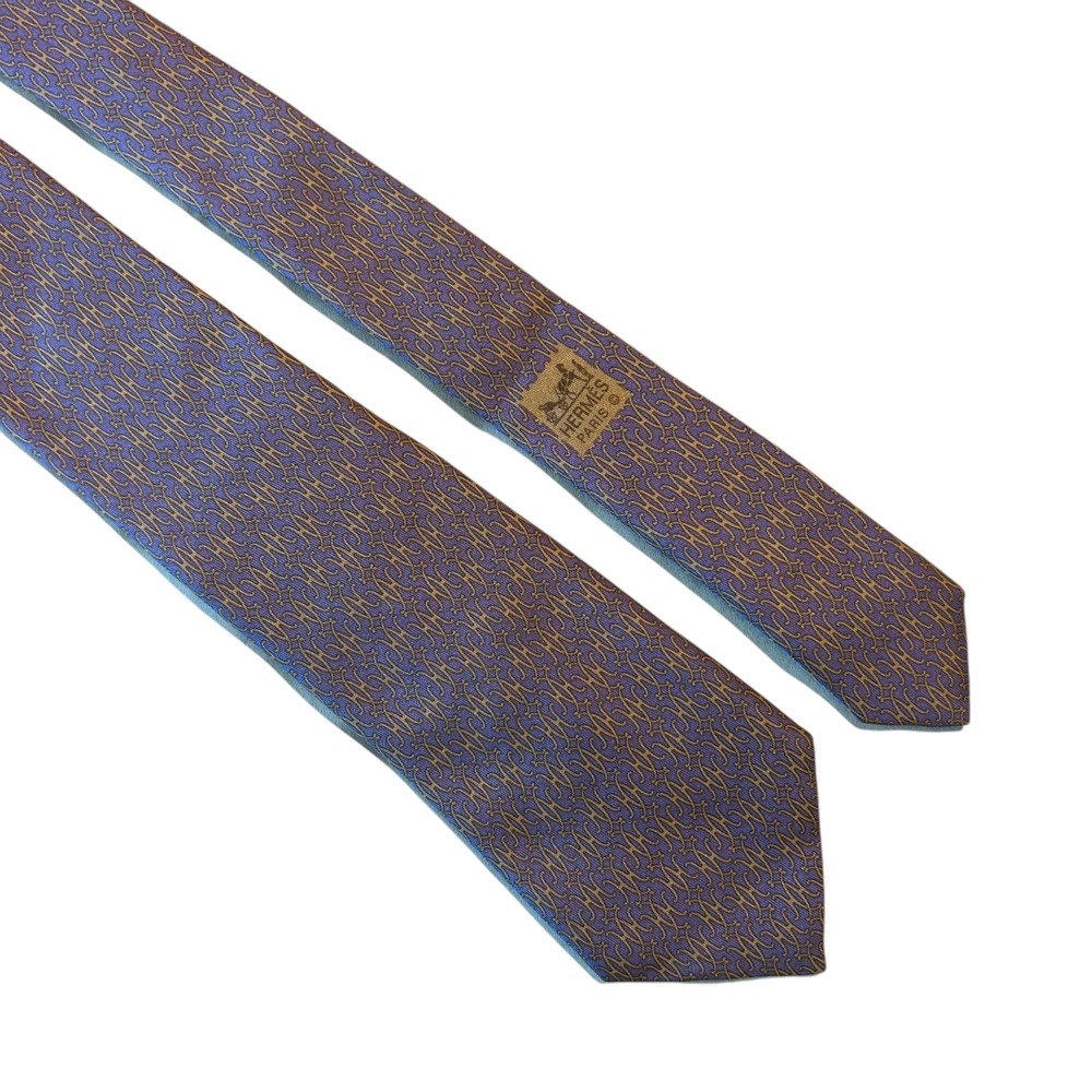 Vintage Hermes Paris Mens Tie 100% Silk 709 HA Purple Gold Equestrian 56" X 3.5"